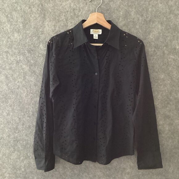 Talbot's Woman Black Eyelet Blouse Button Front Long Sleeves Size 6 Cotton - Picture 2 of 13